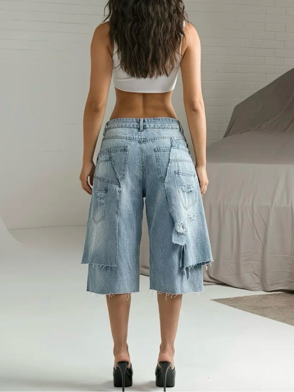 Distressed Layered Light Blue Denim Shorts for Women - Picture 5 of 6